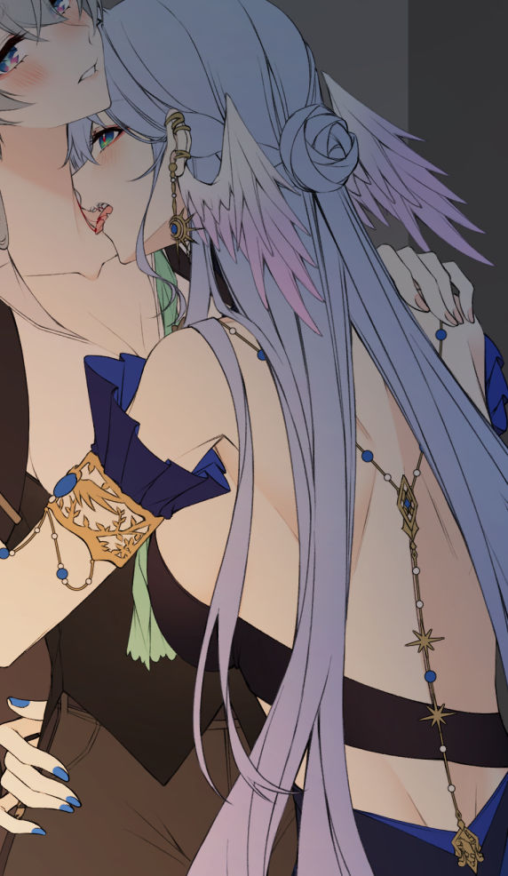 2girls blood blue_eyes blush ear_wings fangs firefly_(honkai:_star_rail) grey_background greyscale hair_bun halo hand_on_another&#039;s_shoulder honkai:_star_rail honkai_(series) licking licking_another&#039;s_neck licking_blood long_hair monochrome multicolored_eyes multiple_girls parted_lips pink_eyes red_pupils robin_(honkai:_star_rail) sieka_(piiroinardesco) upper_body yuri