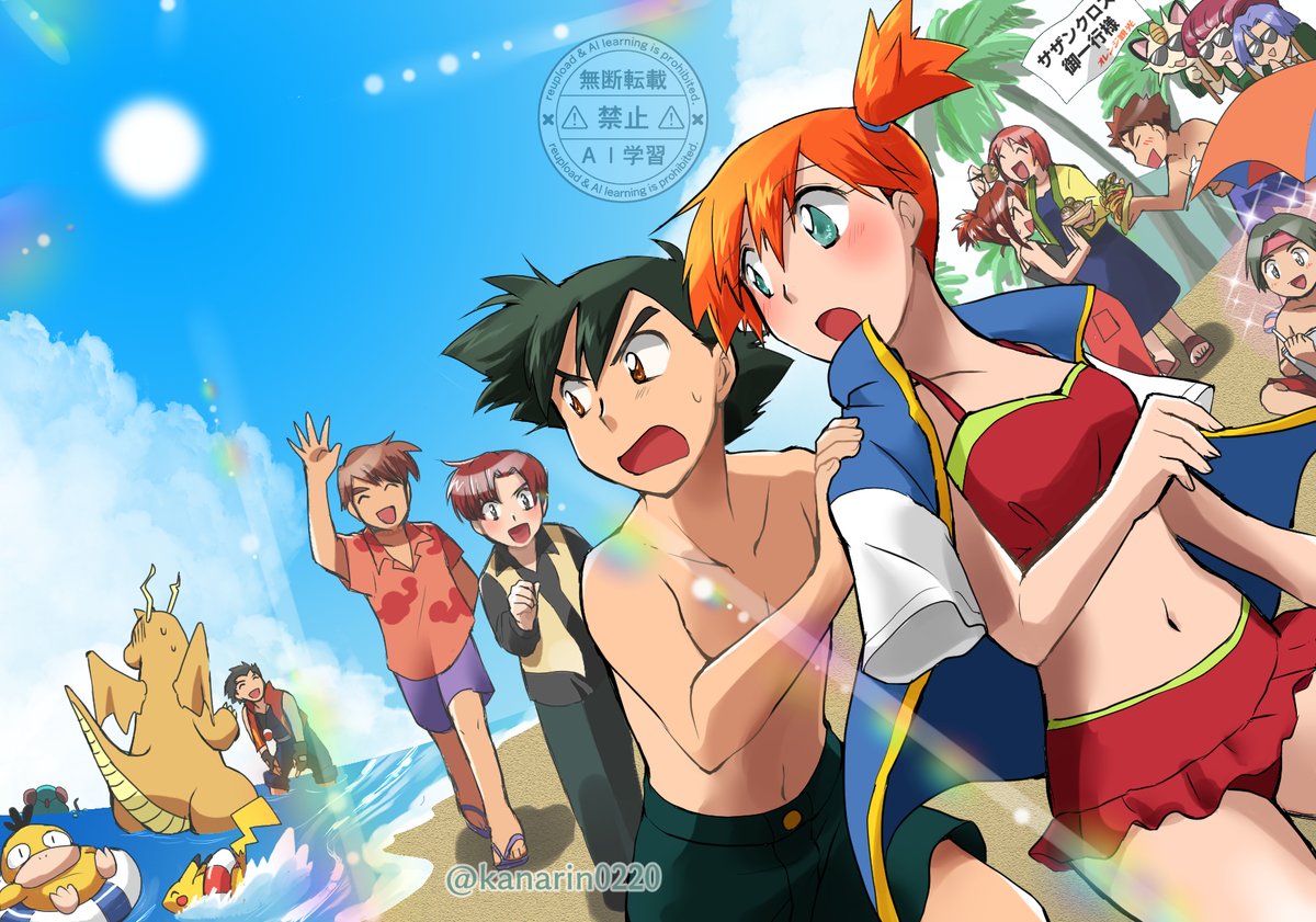 6+boys :d ash_ketchum asymmetrical_hair beach beach_umbrella bikini black_hair blonde_hair blue_eyes blue_hair blue_sky blush breasts brock_(pokemon) brown_eyes brown_hair cissy_(pokemon) closed_eyes cloud danny_(pokemon) day dragonite drake_(pokemon_orange_league) eyelashes frills game_freak gen_1_pokemon green_eyes green_hair gym_leader hat heart holding innertube jacket james_(pokemon) jessie_(pokemon) kanarin0220 large_breasts long_hair luana_(pokemon) male_swimwear meowth misty_(pokemon) multiple_boys multiple_girls navel nintendo open_mouth orange_hair outdoors palm_tree pikachu pokemon pokemon_(anime) pokemon_(classic_anime) pokemon_ep085 pokemon_ep103 pokemon_ep108 pokemon_ep111 pokemon_rgby ponytail psyduck purple_hair red_bikini red_hair riding riding_pokemon rudy_(pokemon) sand sandals shirt short_hair short_sleeves shorts side_ponytail sitting sky smile sparkle spiked_hair standing sun sweatdrop swim_ring swim_trunks swimsuit team_rocket tentacool thighs tongue topless_male towel tracey_sketchit tree umbrella vest water waving yellow_shirt