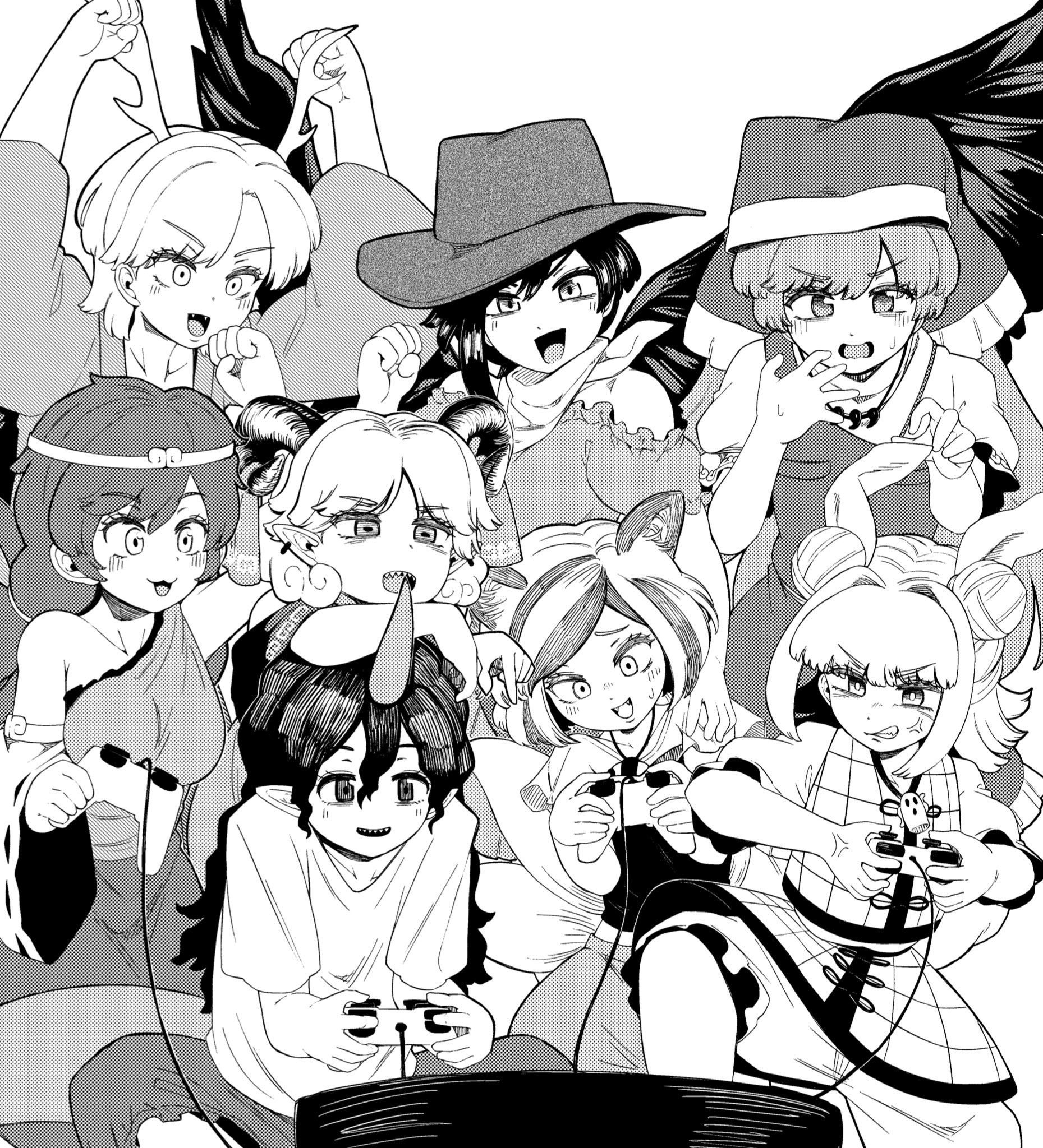 6+girls animal_ears antlers apron bandana bow breasts clenched_hands commentary_request cowboy_hat curled_horns dog_ears dog_girl double_bun fangs feathered_wings feet_out_of_frame greyscale hair_bow hair_bun haniyasushin_keiki hat headscarf highres horns indoors joutouguu_mayumi kicchou_yachie kurokoma_saki long_hair medium_breasts mitsugashira_enoko monochrome multicolored_hair multiple_girls open_mouth playstation_controller pointy_ears sharp_teeth shika_miso shirt short_hair simple_background single_horn single_strap sitting smile son_biten standing streaked_hair teeth television tenkajin_chiyari touhou toutetsu_yuuma v-shaped_eyebrows wings