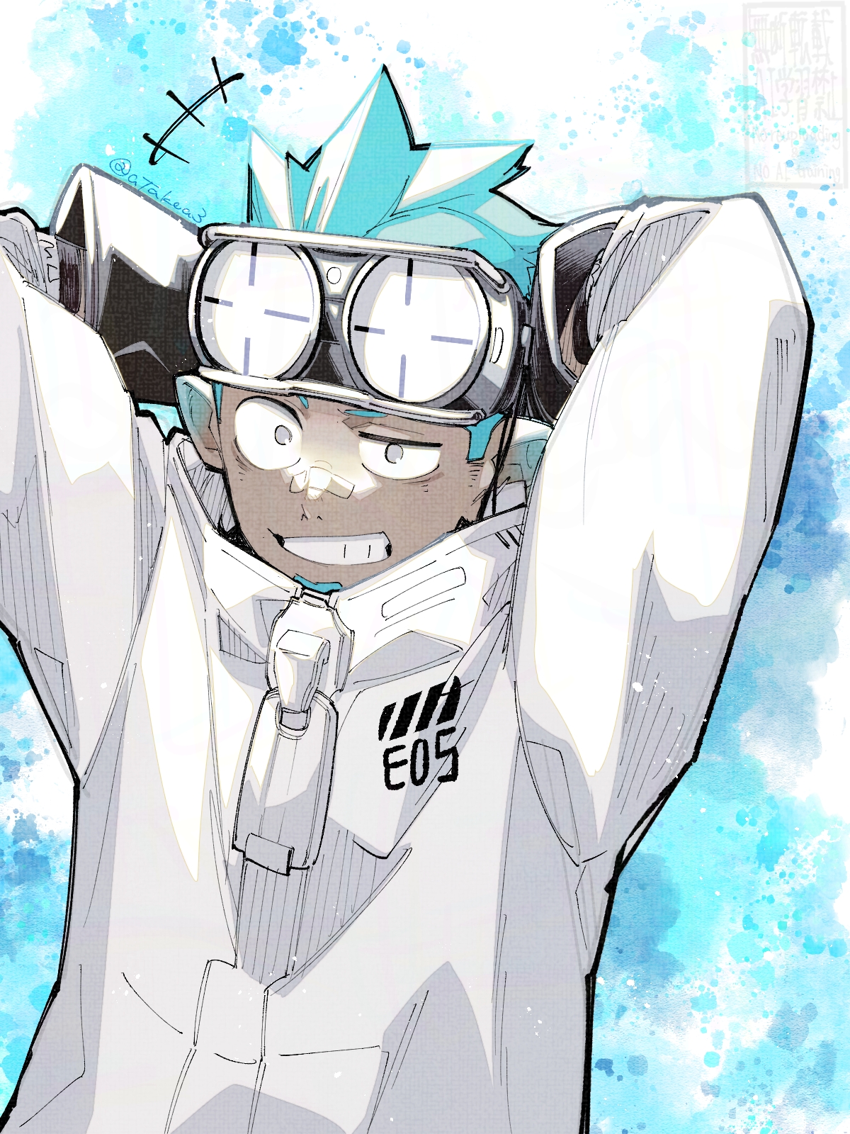 +++ 1boy arknights arms_behind_head arms_up black_gloves blue_hair coat commentary_request dark-skinned_male dark_skin ethan_(arknights) gloves goggles grey_eyes grin highres male_focus short_hair short_sideburns smile solo takeuchi_(a3) teeth twitter_username uneven_eyes upper_body white_coat zipper_pull_tab
