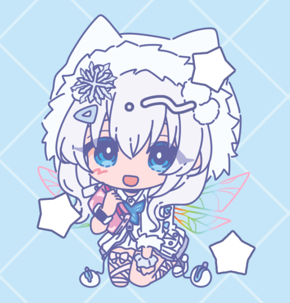 1girl :d blue_eyes blush chibi chiji_komari fairy_wings fur-trimmed_jacket fur-trimmed_sleeves fur_trim goddess_of_victory:_nikke hair_between_eyes hood hooded_jacket jacket kneeling n102_(miracle_fairy)_(nikke) n102_(nikke) official_alternate_costume open_mouth pom_pom_(clothes) ribbon s scrunchie shoes short_sleeves skirt smile sneakers solo white_hair white_skirt wings wrist_scrunchie