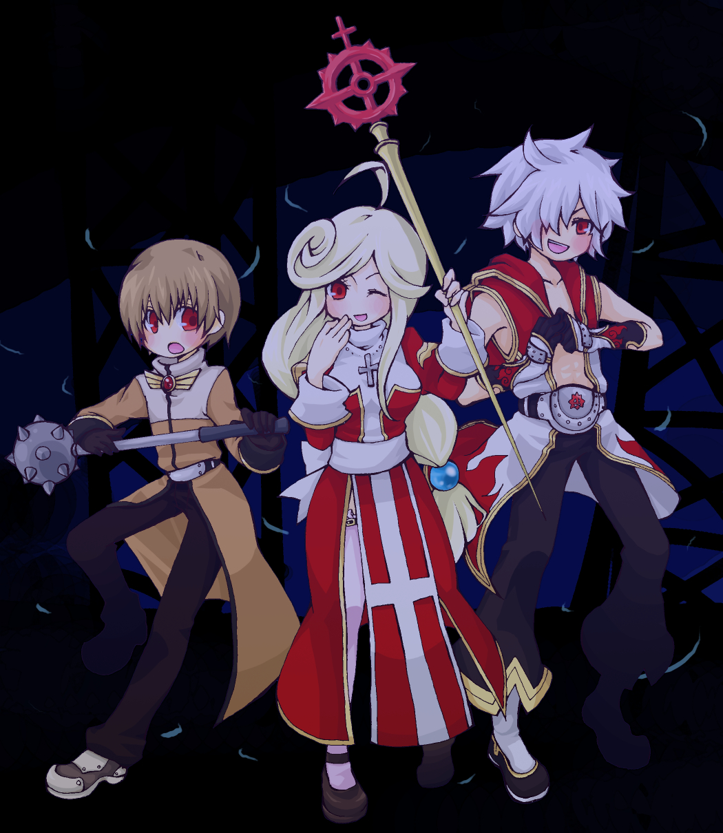 1girl 2boys acolyte_(ragnarok_online) back_bow belt bio_lab black_gloves black_pants black_shoes blonde_hair blue_background bow brown_hair cassock champion_(ragnarok_online) championship_belt chen_lio coat crosier cross cross_necklace cross_of_prontera doroidsan dress errende_ebecee full_body gloves grey_hair hair_over_one_eye high_priest_(ragnarok_online) highres holding holding_staff hood hooded_coat jewelry juliet_sleeves long_hair long_sleeves looking_at_viewer low-tied_long_hair margaretha_sorin multicolored_coat multiple_boys necklace one_eye_closed open_mouth pants puffy_sleeves ragnarok_online red_coat red_dress red_eyes ruins sash shoes short_hair sleeveless sleeveless_coat smile socks staff standing swept_bangs thighhighs two-tone_coat two-tone_dress white_bow white_coat white_dress white_sash white_socks white_thighhighs