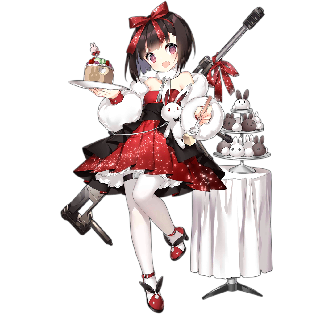 1girl :d anti-materiel_rifle black_hair blush bow cake dress fang female_focus food fork full_body fur_jacket girls&#039;_frontline glitter gun hair_bow hair_ribbon head_tilt high_heels holding holding_fork holding_plate jacket looking_at_viewer m99_(girls&#039;_frontline) m99_(white_rabbit_summer_banquet)_(girls&#039;_frontline) name_connection object_namesake official_alternate_costume official_art open_mouth pantyhose plate purple_eyes rabbit red_bow red_dress red_footwear red_ribbon ribbon rifle saru short_hair shrug_(clothing) sidelocks smile sniper_rifle solo standing table thigh_strap transparent_background weapon weapon_on_back white_pantyhose zijiang_m99