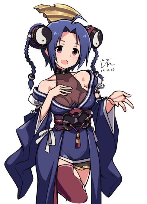 1girl ahoge ar_tonelico ar_tonelico_i blue_hair bow braid breasts brown_thighhighs collarbone commentary cosplay cowboy_shot dated detached_sleeves dot_nose drum hair_ornament hand_on_own_chest idolmaster idolmaster_(classic) idolmaster_million_live! instrument long_sleeves medium_breasts medium_hair misha_arsellec_lune misha_arsellec_lune_(cosplay) miura_azusa off_shoulder open_mouth purple_eyes signature simple_background single_thighhigh thighhighs tun twin_braids white_background white_bow wide_sleeves yin_yang