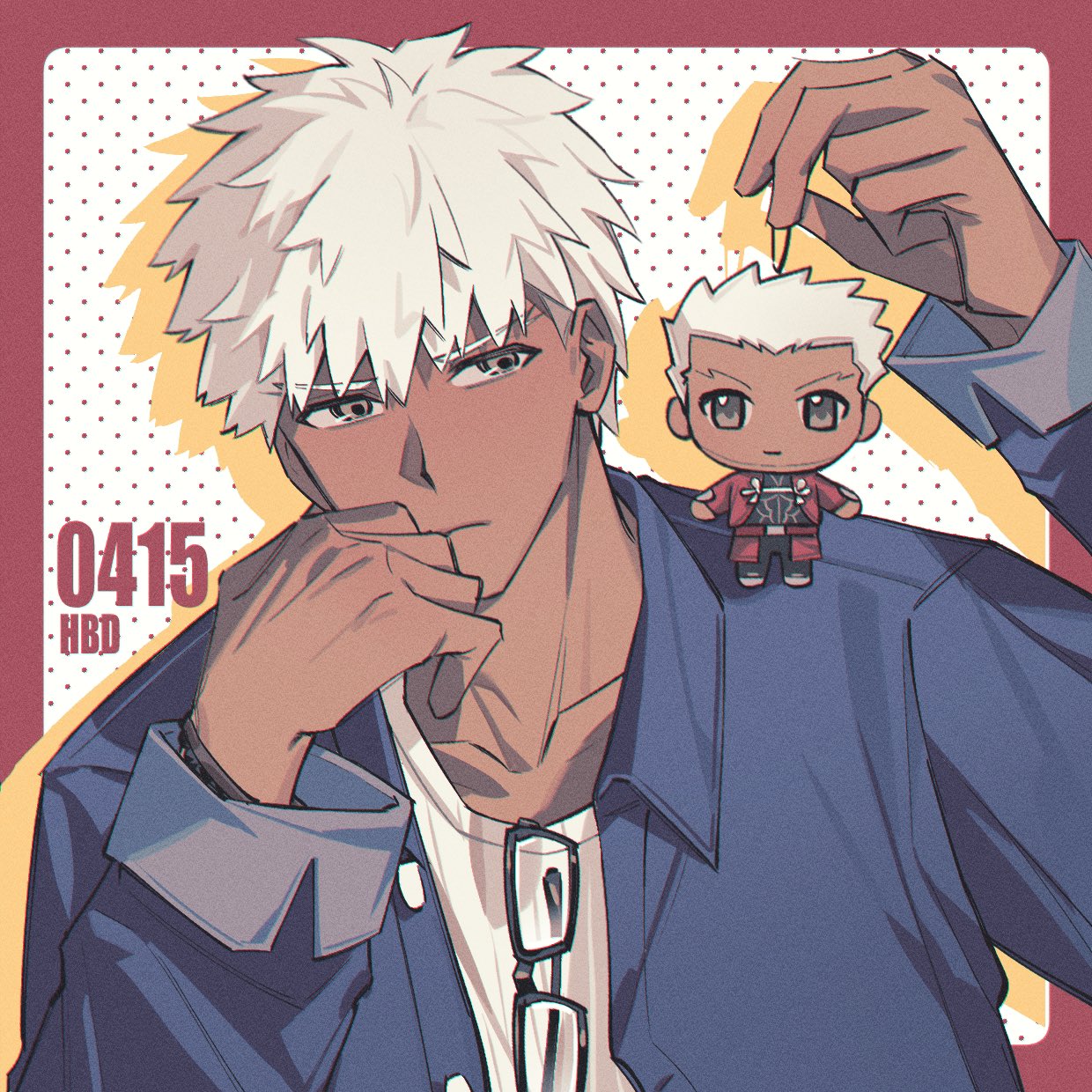 1boy archer_(fate) character_doll commentary dark-skinned_male dark_skin doll eyewear_hang fate/stay_night fate_(series) frown glasses grey_eyes head_rest highres holding holding_doll male_focus solo symbol-only_commentary unworn_eyewear upper_body white_hair y111111n