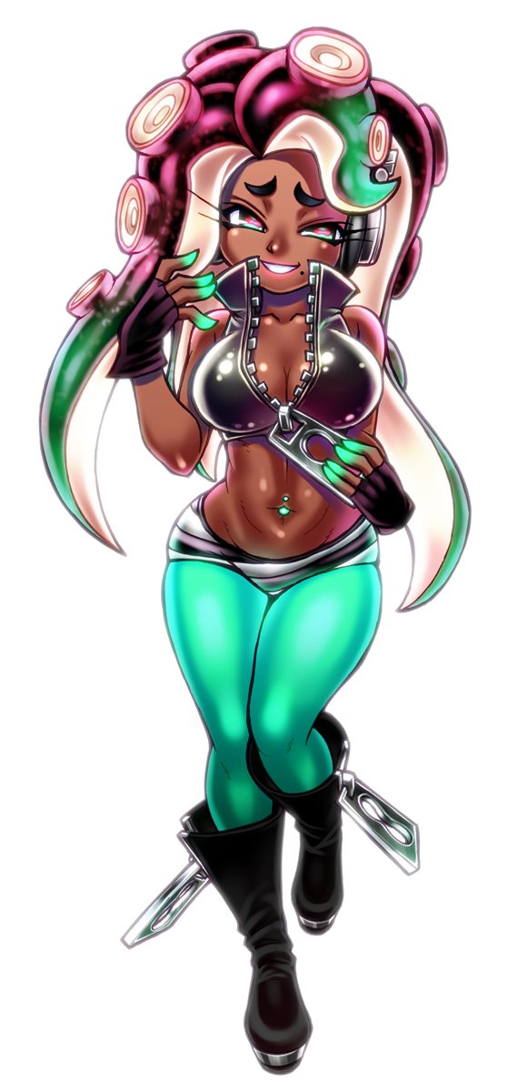 1girl black_boots boots breasts chiba_toshirou cleavage commentary_request dark-skinned_female dark_skin fingerless_gloves full_body gloves green_eyes green_hair headphones highres knee_boots large_breasts marina_(off_the_hook_outfit)_(splatoon) marina_(splatoon) mole mole_under_mouth multicolored_hair navel navel_piercing nintendo octoling piercing pink_eyes pink_hair smile solo splatoon_(series) splatoon_2 tentacle_hair two-tone_hair zipper_pull_tab