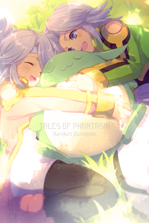 1boy 1girl blue_eyes blush brother_and_sister closed_eyes copyright_name dio_(tales) dress echo_(circa) headband long_hair mel_(tales) open_mouth pantyhose siblings skirt smile tales_of_(series) tales_of_phantasia tales_of_phantasia:_narikiri_dungeon tales_of_phantasia:_narikiri_dungeon_x