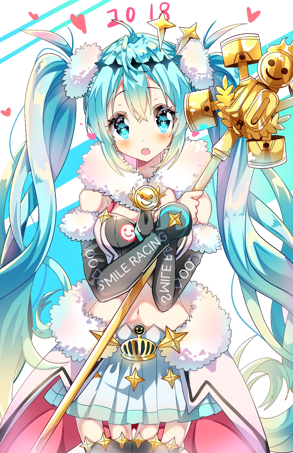 1girl absurdly_long_hair aqua_hair bare_shoulders black_sleeves black_tank_top black_thighhighs blue_eyes blue_hair blush breasts cleavage clothes_writing cowboy_shot cropped_shirt detached_sleeves dot_nose eyelashes fur-trimmed_skirt fur-trimmed_sleeves fur_scarf fur_trim goodsmile_racing gradient_hair hair_between_eyes hair_ornament hair_scrunchie hatsune_miku heart highres holding holding_scepter layered_skirt long_hair long_skirt long_sleeves looking_at_viewer medium_breasts midriff miniskirt multicolored_hair navel pleated_skirt racing_miku racing_miku_(2018) red_skirt ribbed_thighhighs sakuya_no_aotori scarf scepter scrunchie showgirl_skirt skirt solo standing star_(symbol) striped_background tank_top tareme teeth thighhighs twintails two-sided_fabric two-sided_skirt upper_teeth_only very_long_hair vocaloid wavy_hair white_background white_scarf white_scrunchie white_skirt