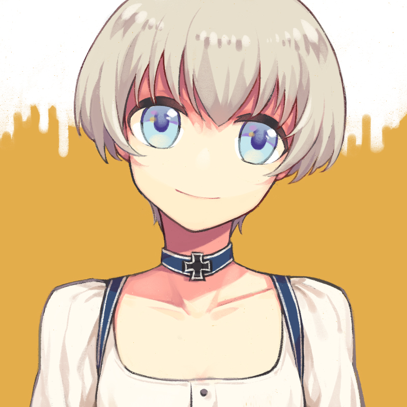 10s 1girl blue_eyes choker close-up collarbone cross dirndl female_focus german_clothes head_tilt iron_cross kantai_collection looking_at_viewer nashi_(tidal0414) short_hair silver_hair smile solo two-tone_background upper_body z1_leberecht_maass_(kancolle) z1_leberecht_maass_(oktoberfest)_(kancolle)