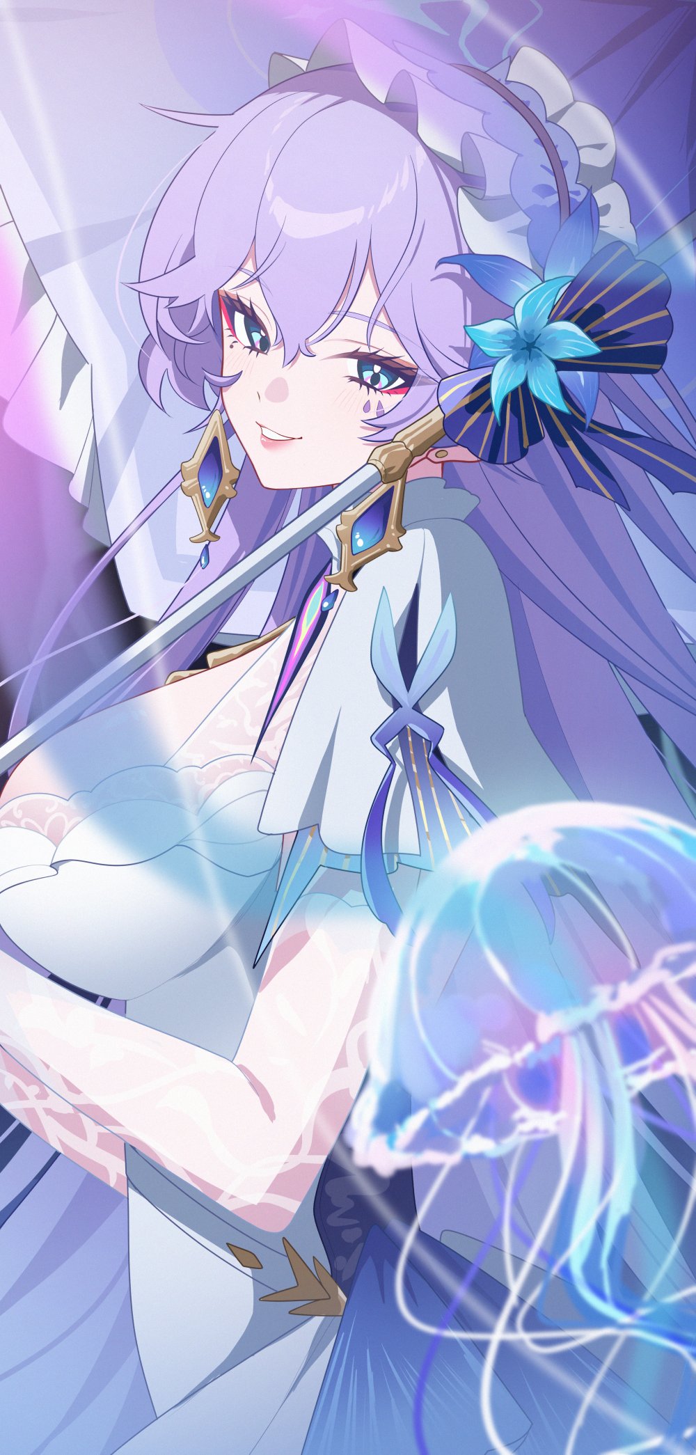 1girl blue_eyes blue_flower bow breasts cantarella_(wuthering_waves) commentary_request eyeliner facial_mark flower from_side hair_between_eyes hair_bow hair_flower hair_ornament headdress highres holding holding_umbrella jellyfish kaerunrun large_breasts long_hair looking_at_viewer makeup mark_under_eye parasol parted_lips purple_hair purple_umbrella red_eyeliner smile solo striped_bow umbrella very_long_hair wuthering_waves
