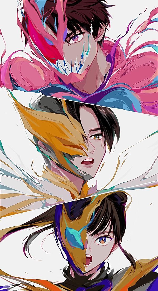 1girl 2boys armor blue_eyes brown_hair close-up covered_eyes henshin igarashi_daiji igarashi_ikki igarashi_sakura kamen_rider kamen_rider_jeanne kamen_rider_live kamen_rider_revi kamen_rider_revice long_hair multiple_boys power_armor purple_eyes short_hair transformation zo_ochi2