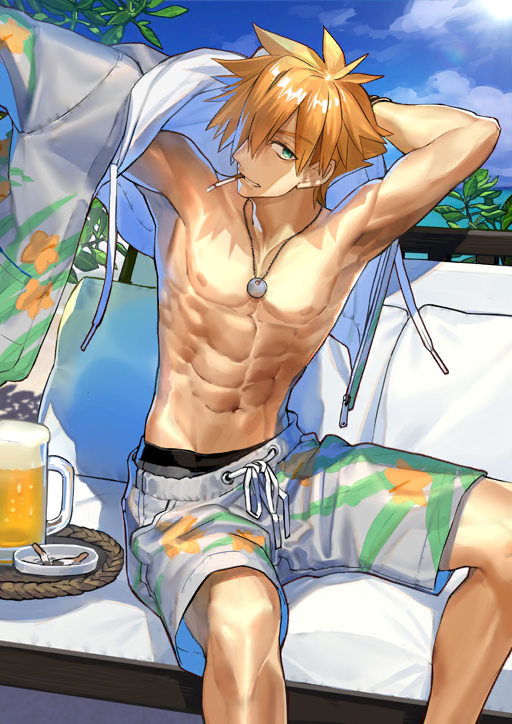 1boy abs armpits beer_mug blue_sky cigarette cigarette_butt cloud cup day drawstring drink fate/grand_order fate_(series) feet_out_of_frame green_eyes grey_jacket grey_male_swimwear hair_over_one_eye hood hooded_jacket horizon jacket looking_at_viewer looking_to_the_side male_focus male_swimwear mouth_hold mug navel nipples official_art one_eye_covered orange_hair outdoors pectorals plant putting_on_jacket robin_hood_(fate) robin_hood_(summer_hunter)_(fate) sand short_hair sitting sky solo sunlight swim_trunks third-party_source toned toned_male wada_arco zipper zipper_pull_tab