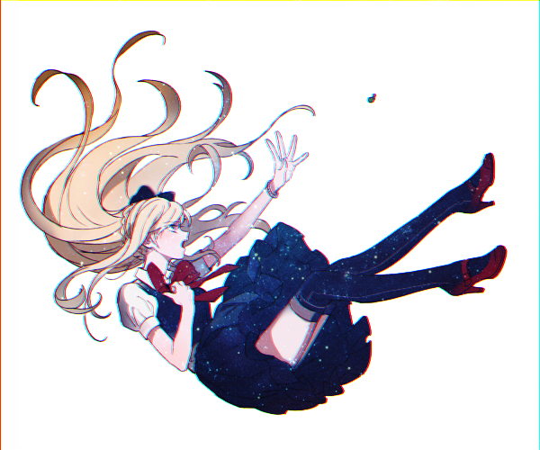 1girl black_bow black_dress black_thighhighs blonde_hair bow braid commentary_request danganronpa_(series) danganronpa_2:_goodbye_despair dg_xhs dress falling floating_hair full_body hair_bow hand_on_own_chest high_heels korean_commentary long_hair looking_ahead mary_janes mixed-language_commentary neck_ribbon open_mouth outstretched_arm reaching red_ribbon red_shoes ribbon shirt shoes short_sleeves simple_background solo sonia_nevermind thighhighs white_background white_shirt