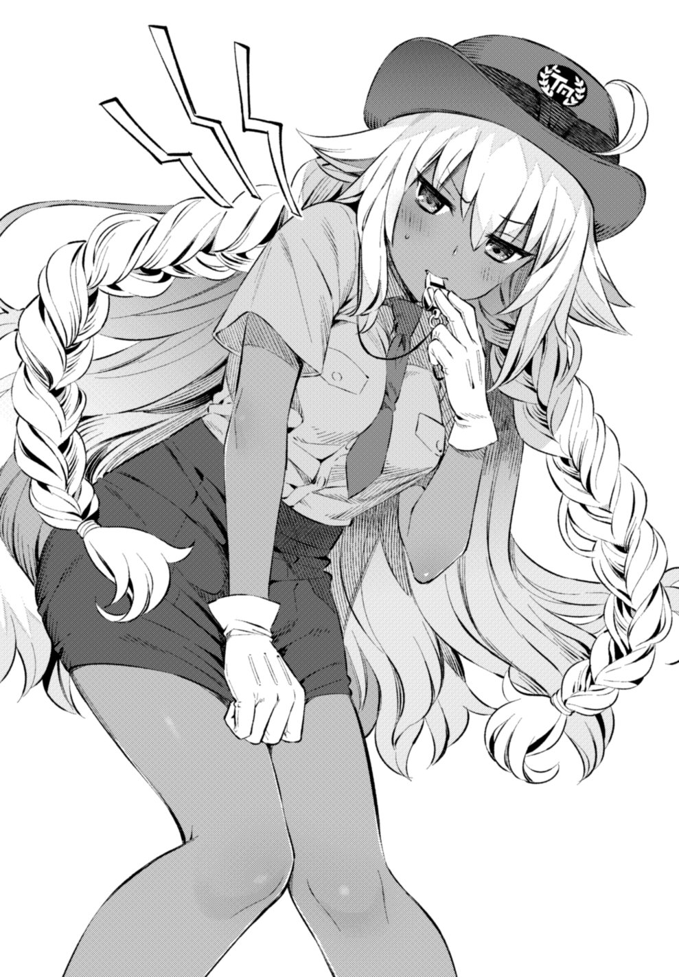 1girl blush braid breast_pocket breasts dark-skinned_female dark_skin fate/grand_order fate_(series) gloves hanabana_tsubomi hat highres lakshmibai_(fate) long_hair looking_at_viewer medium_breasts necktie pencil_skirt pocket police police_hat police_uniform policewoman shirt_tucked_in short_sleeves simple_background skirt skirt_tug solo sweat twin_braids whistle