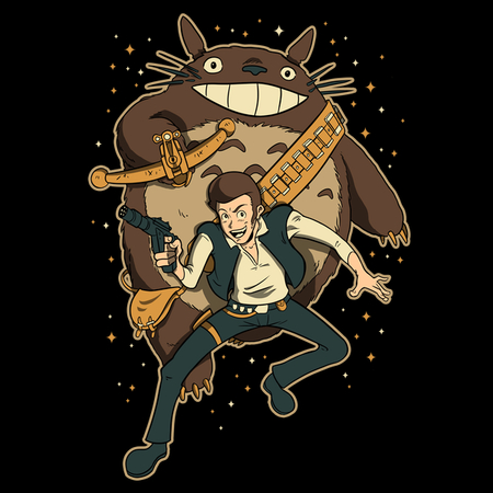 arsene_lupin_iii black_background blaster_(star_wars) brown_hair castle_of_cagliostro chewbacca chewbacca_(cosplay) cosplay crossover han_solo_(cosplay) lowres lupin_iii pants shoes star_wars studio_ghibli tagme tonari_no_totoro totoro weapon