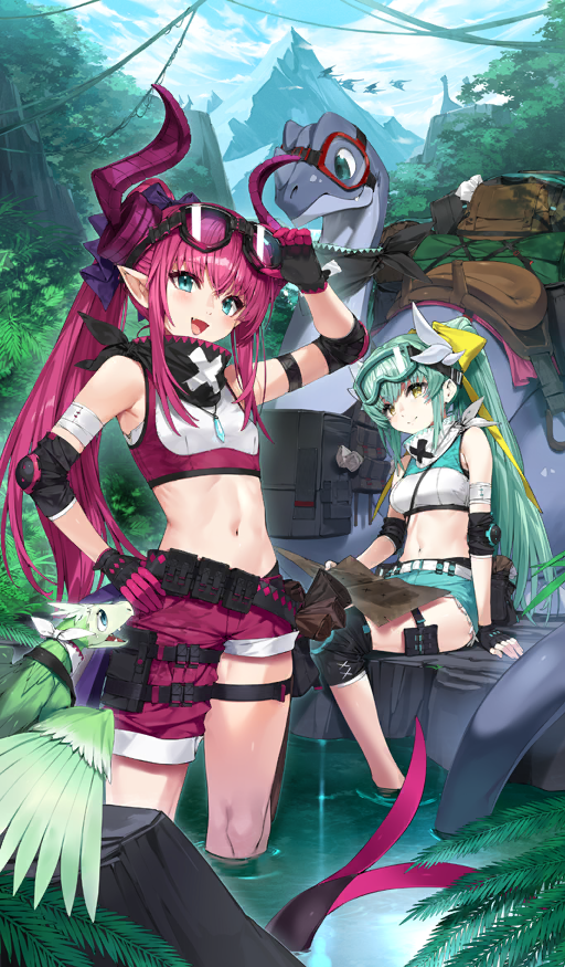 2girls adjusting_goggles animal animal_ears animal_request aqua_shirt aqua_shorts aqua_tank_top arm_support armlet asymmetrical_legwear bandana bandana_around_neck bare_shoulders belt black_bandana black_belt black_gloves blue_eyes blue_sky blush bow breasts closed_mouth cloud commentary crop_top day dinosaur dragon_ears dragon_girl dragon_tail elbow_pads elizabeth_bathory_(fate) elizabeth_bathory_(jurassic_dream)_(fate) fang fate/grand_order fate_(series) fingerless_gloves gloves goggles goggles_on_head green_hair hair_bow hand_on_goggles hand_on_own_hip high_ponytail holding holding_paper horns jewelry jungle kiyohime_(fate) kiyohime_(jurassic_dream)_(fate) knee_pads long_hair long_sidelocks looking_at_viewer map medium_breasts mountain multiple_girls nature navel nezumidoshi official_art open_mouth outdoors paper pink_gloves pink_hair pink_horns pink_shirt pink_shorts pink_tank_top pointy_ears ponytail pouch purple_bow shirt short_shorts shorts sidelocks sitting skin_fang sky small_breasts smile standing stream sunlight tail tank_top thigh_pouch third-party_source tree two-tone_gloves two-tone_shirt uneven_legwear very_long_hair wading water white_bandana white_belt white_horns white_shirt white_tank_top yellow_bow yellow_eyes