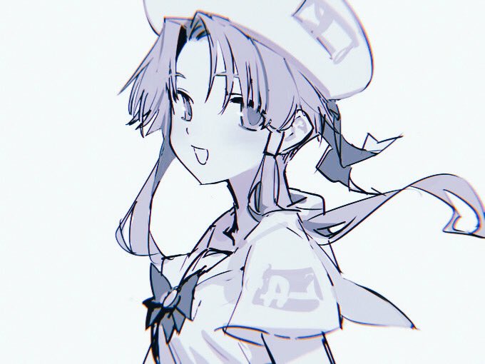1girl :d aria_(manga) aria_company_uniform bad_id bad_twitter_id floating_hair hair_tubes hat inactive_account long_hair looking_at_viewer mizunashi_akari monochrome open_mouth short_sleeves simple_background smile solo suiso_(owp) upper_body white_background