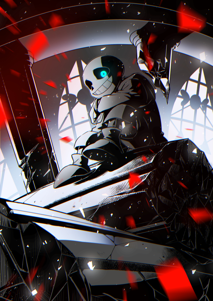 1boy ahin_vpv black_sclera blue_eyes colored_sclera grin hood hoodie jacket male_focus partially_colored sans_(undertale) sitting skeleton smile solo teeth undertale