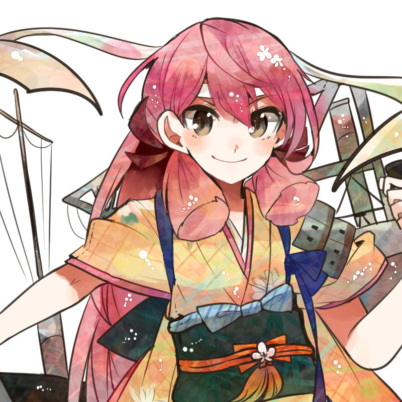 10s 1girl akashi_(kancolle) akashi_(new_year)_(kancolle) bandana blush brown_eyes closed_mouth crane_(machine) eyebrows female_focus floral_print hair_ribbon headband itomugi-kun japanese_clothes kantai_collection kimono long_hair looking_at_viewer machinery obi pink_hair print_kimono red_ribbon ribbon sash simple_background smile solo tasuki tress_ribbon upper_body white_background wide_sleeves