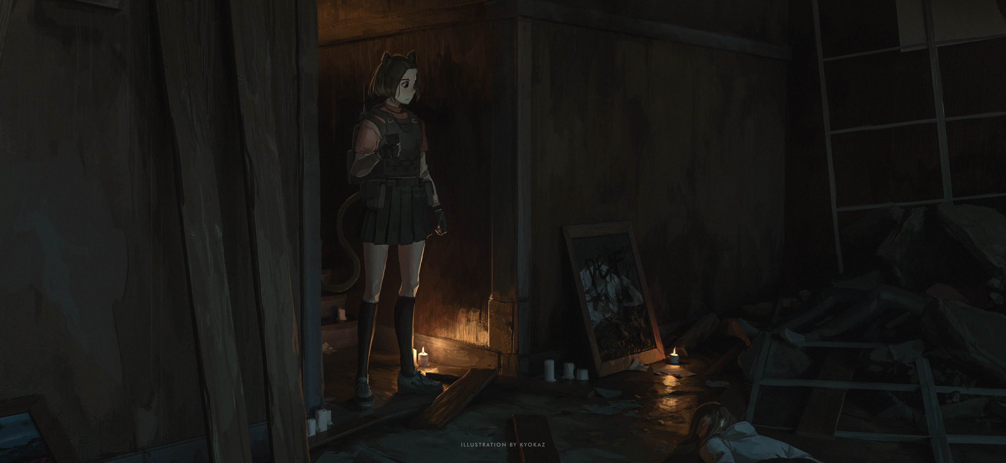 1girl absurdres animal_ears black_gloves black_skirt black_socks blood blood_writing brown_hair candle cat_ears cat_girl cat_tail closed_mouth commentary corpse faiz_azhar fingerless_gloves gloves highres indoors kneehighs load_bearing_vest mirror mirrored_text original pleated_skirt red_shirt rubble shirt shoes short_hair short_sleeves skirt sneakers socks solo tail white_shoes