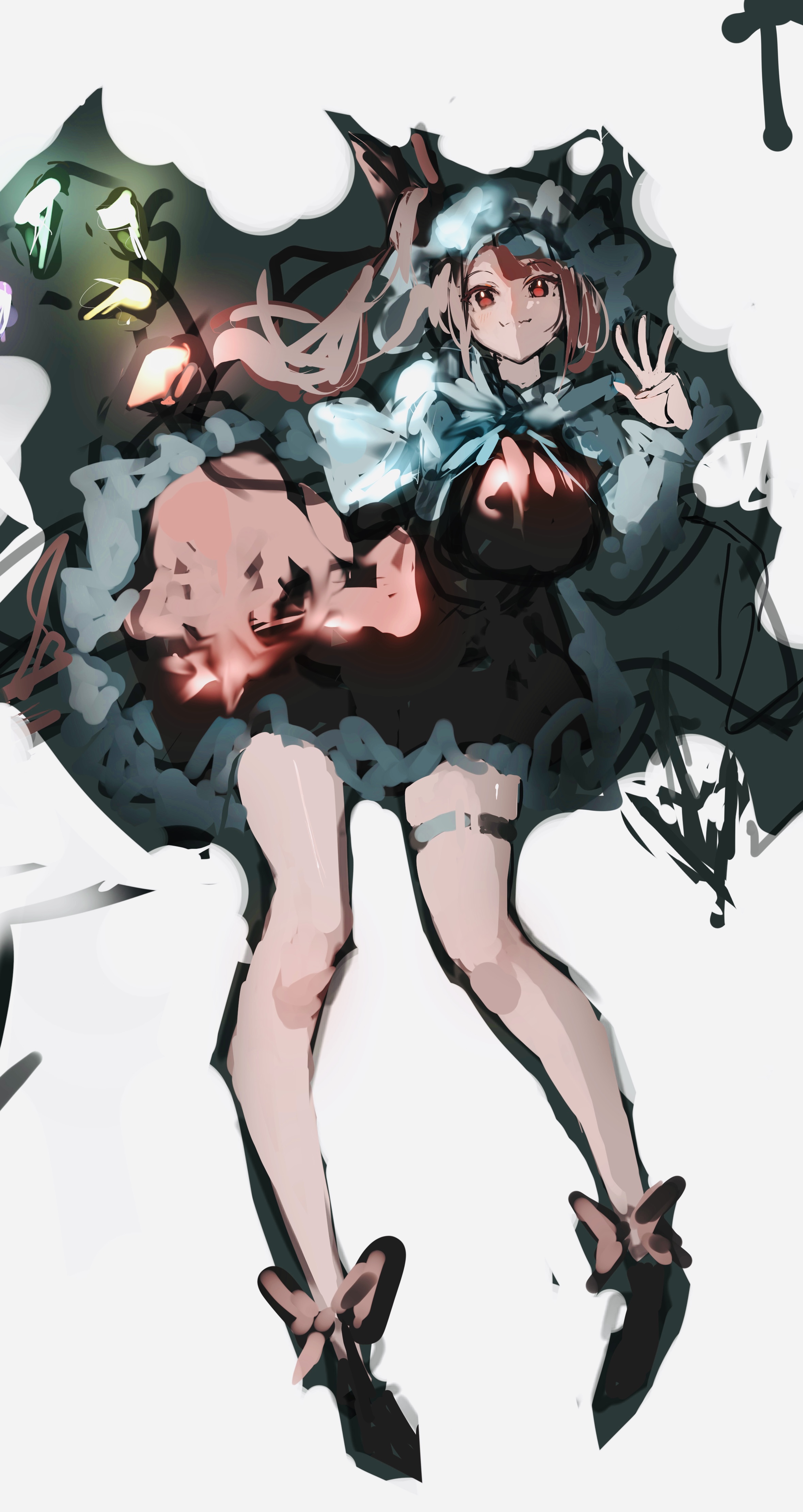 1girl absurdres ascot black_footwear blonde_hair bow crystal_wings dress flandre_scarlet footwear_bow glowing hat highres light_blush long_hair mob_cap po_(anhk5528) red_bow red_dress red_eyes side_ponytail simple_background solo thigh_strap touhou wavy_mouth white_background white_hat yellow_ascot
