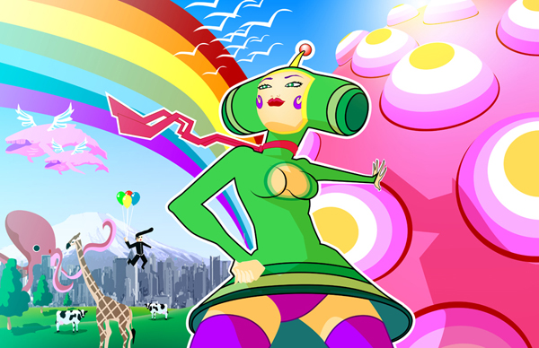 1boy 1girl cow genderswap genderswap_(mtf) giraffe katamari katamari_damacy octopus panties pantyshot purple_thighhighs rainbow the_prince thighhighs underwear whale