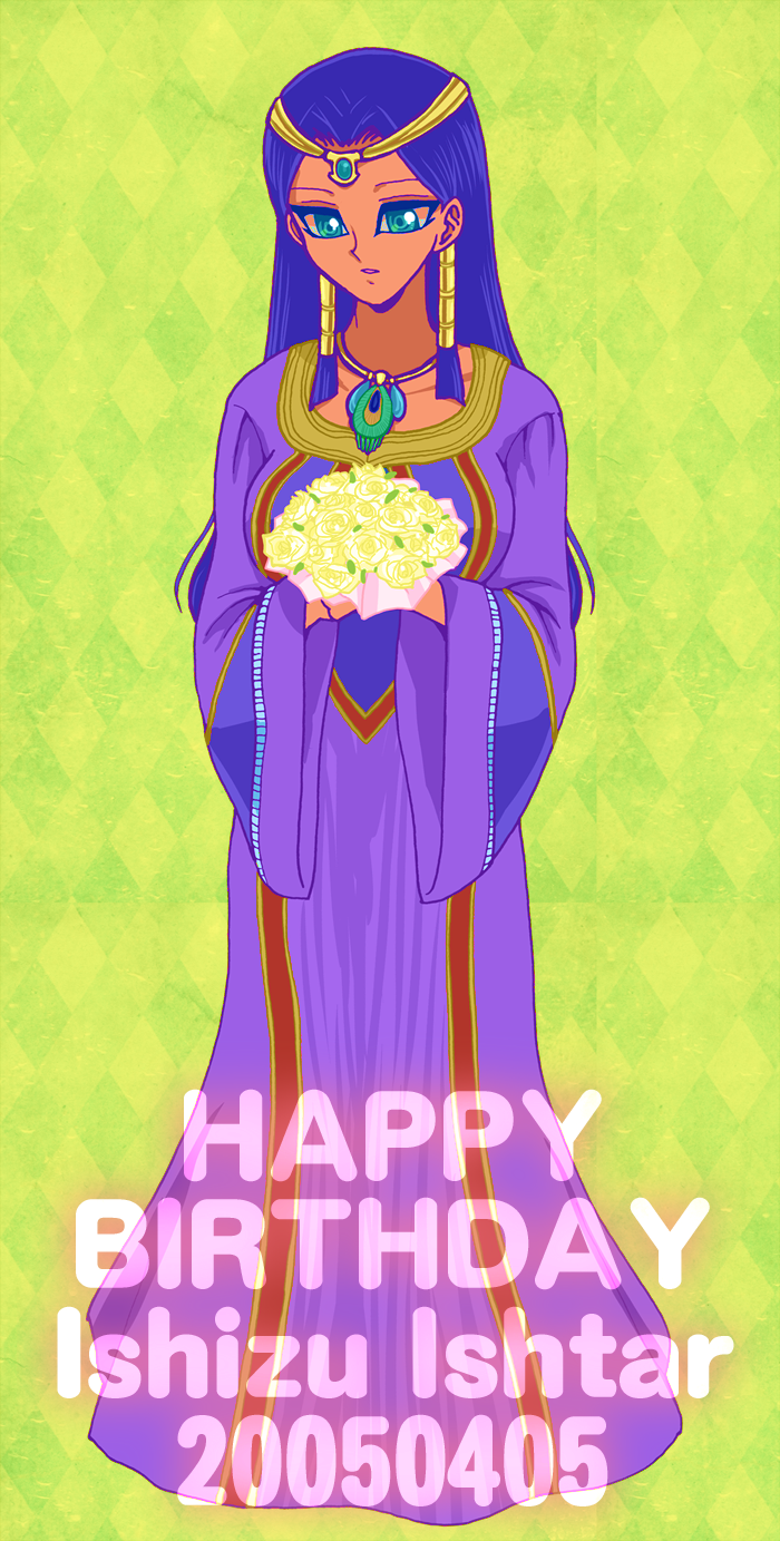1girl aqua_eyes black_hair blue_dress bouquet character_name dress flower green_background hair_tubes happy_birthday highres holding holding_flower ishizu_ishtar long_hair long_sleeves solo white_flower wide_sleeves yu-gi-oh! yu-gi-oh!_duel_monsters yuzubou