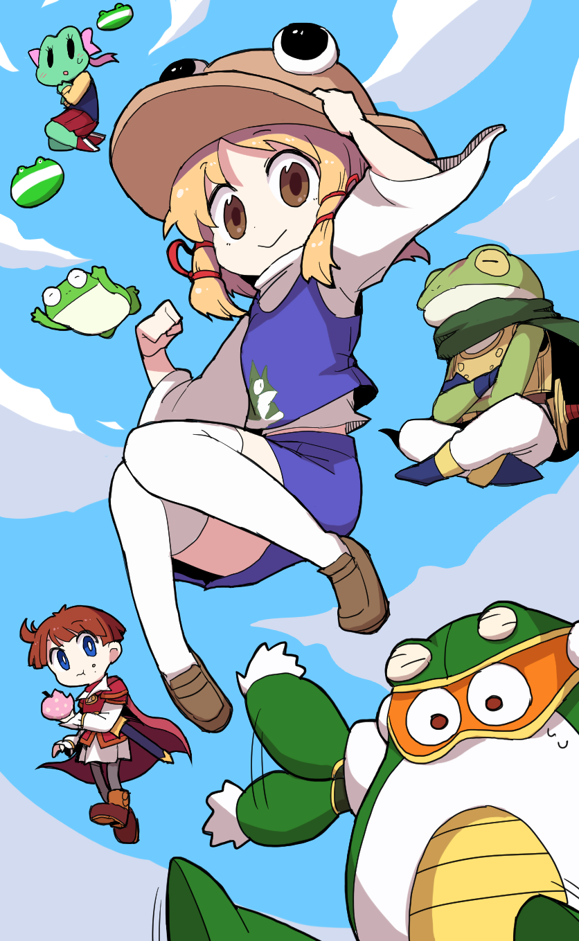 bemani blonde_hair blue_sky brown_eyes brown_footwear cape chrono_trigger copyright_request crossover dokan_(dkn) eating floating frog frog_(chrono_trigger) hat highres kaeru_no_tame_ni_kane_wa_naru long_sleeves medium_hair mega_man_(series) moriya_suwako multiple_crossover pop&#039;n_music purple_skirt purple_vest robot sabure_oukoku_no_ouji shirt shoes skirt sky smile species_connection toad_man touhou vest white_shirt wide_sleeves