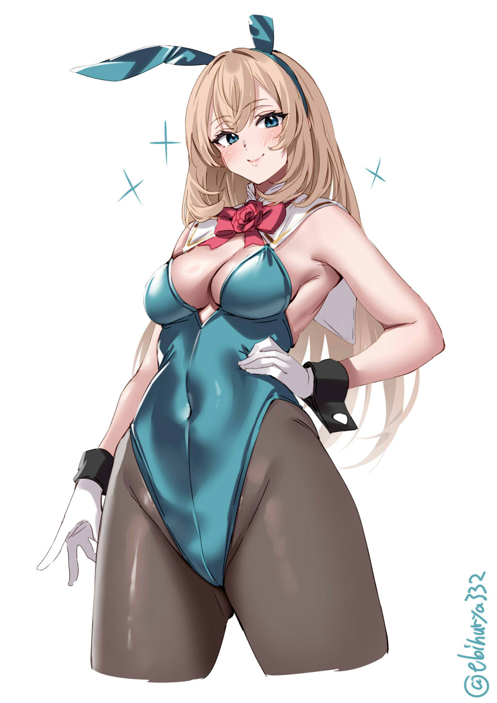 1girl alternate_costume animal_ears bare_shoulders blonde_hair blue_eyes blush bow bowtie breasts cleavage cropped_legs detached_collar ebifurya fake_animal_ears flower hair_between_eyes highres kantai_collection leotard long_hair looking_at_viewer medium_breasts one-hour_drawing_challenge pantyhose playboy_bunny rabbit_ears red_flower red_rose rose smile solo strapless strapless_leotard twitter_username victorious_(kancolle) white_background wrist_cuffs