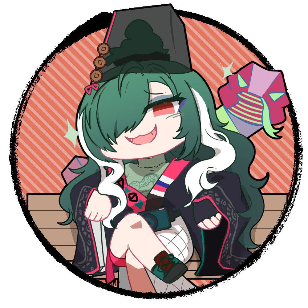 1girl artist_request black_gloves black_hat black_robe chibi chibi_only chinese_commentary crossed_legs fangs fingerless_gloves girls&#039;_frontline girls&#039;_frontline_neural_cloud gloves green_hair green_shirt hair_over_one_eye hat looking_at_viewer official_art on_bench open_mouth red_eyes robe second-party_source shirt sitting smug sparkle taoism white_hair zangyin_(neural_cloud)
