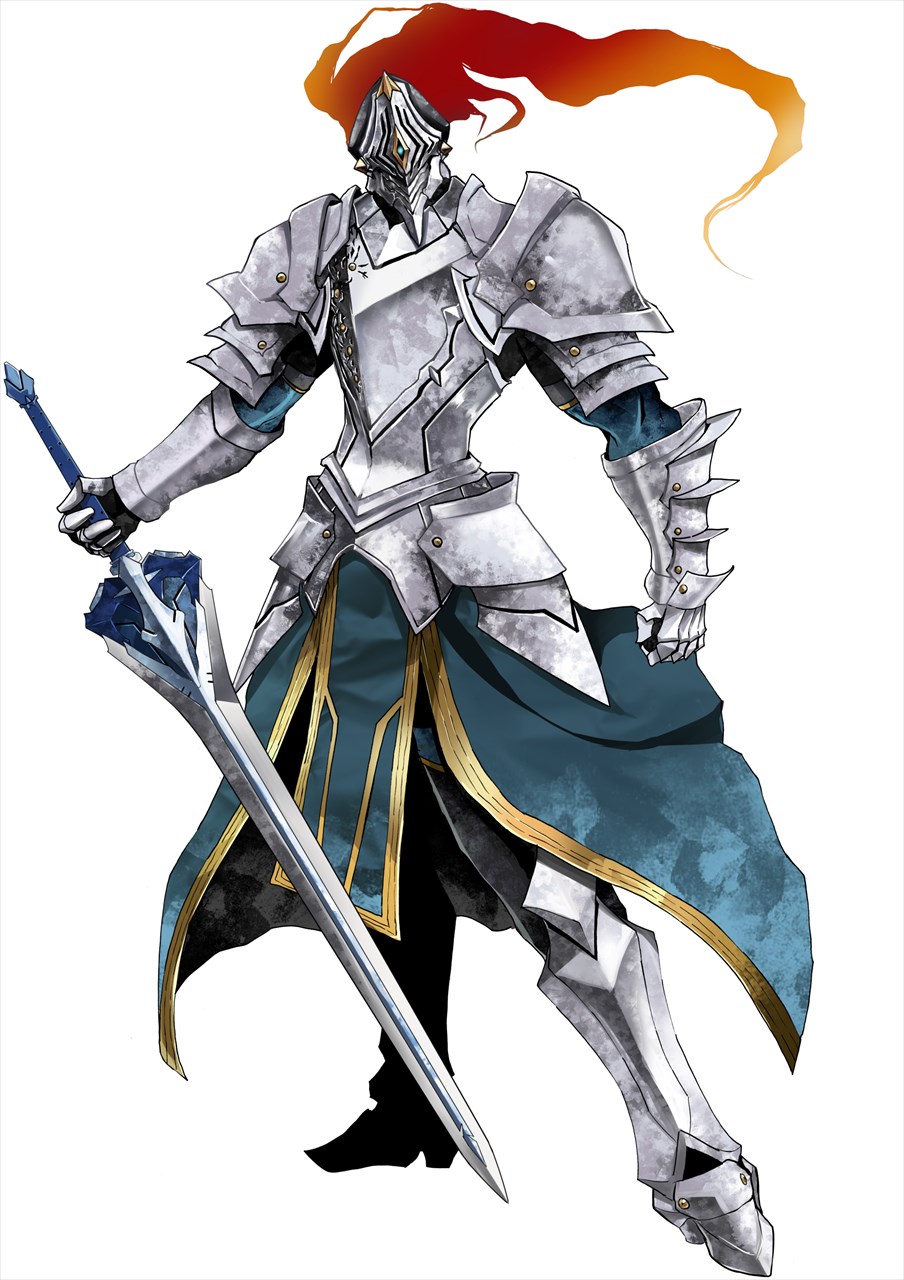 1boy armor commentary_request fate/grand_order fate_(series) full_armor full_body gauntlets gawain_(fate) greaves green_skirt helmet highres holding holding_sword holding_weapon kawabata_yoshihiro male_focus pelvic_curtain single_shoulder_pad skirt solo sword weapon