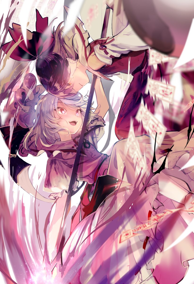 2girls arm_up bat_wings blue_hair bow brown_eyes brown_hair detached_sleeves dress duel frills gohei hair_bow hair_tubes hakurei_reimu hat unworn_hat unworn_headwear highres holding holding_spear holding_weapon looking_at_another mob_cap multiple_girls ofuda open_mouth outstretched_arm pink_dress pink_headwear polearm puffy_short_sleeves puffy_sleeves red_bow red_eyes red_shirt red_skirt remilia_scarlet shirt short_hair short_sleeves skirt smile spear spear_the_gungnir touhou weapon white_background wings yuki_(popopo)