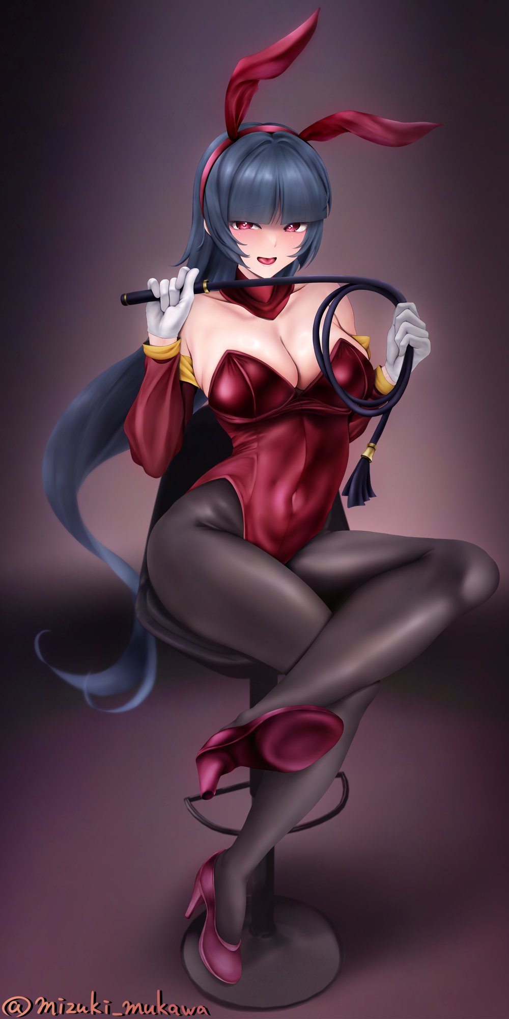 1girl artist_name bare_shoulders black_hair black_pantyhose breasts chair cleavage commentary_request creatures_(company) game_freak high_heels highres holding holding_whip large_breasts leotard long_hair mizuki_mukawa nintendo pantyhose playboy_bunny pokemon pokemon_frlg pokemon_rgby red_eyes red_leotard red_shoes sabrina_(pokemon) shoes sitting solo strapless strapless_leotard twitter_username very_long_hair