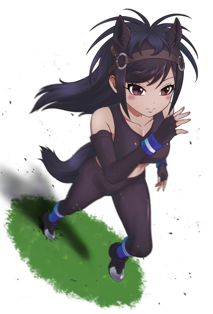 1girl animal_ears bare_shoulders black_hair breasts bridle brown_eyes brown_garter_straps brown_hair brown_pants brown_sports_bra brown_thoroughbred_(kemono_friends) closed_mouth crotch_seam elbow_gloves extra_ears fingerless_gloves fingernails full_body gloves horse_ears horse_girl horse_tail hoshino_mitsuki kemono_friends light_smile long_hair medium_breasts multicolored_hair pants running shoes sidelocks solo sports_bra sportswear tail tan tight_clothes tight_pants two-tone_hair yoga_pants