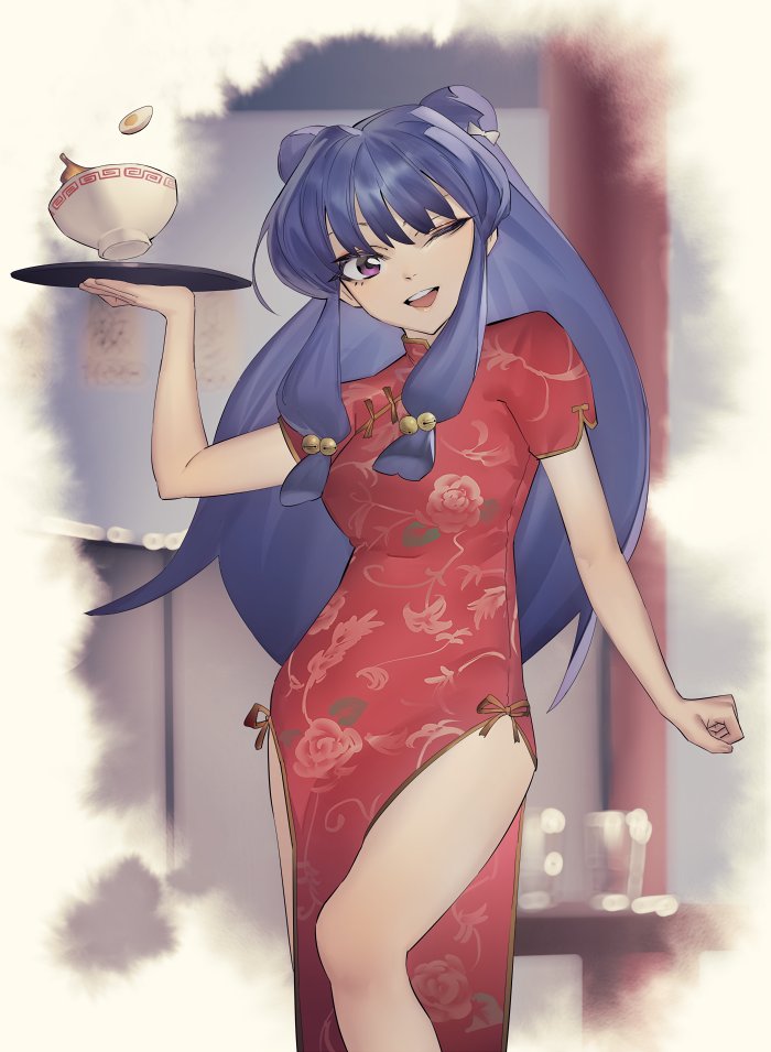 1girl bow bowl china_dress chinese_clothes double_bun dress floral_print food hair_bow hair_bun holding holding_tray long_hair mi8pq one_eye_closed open_mouth purple_eyes purple_hair ranma_1/2 shampoo_(ranma_1/2) side_slit sidelocks smile tray white_bow