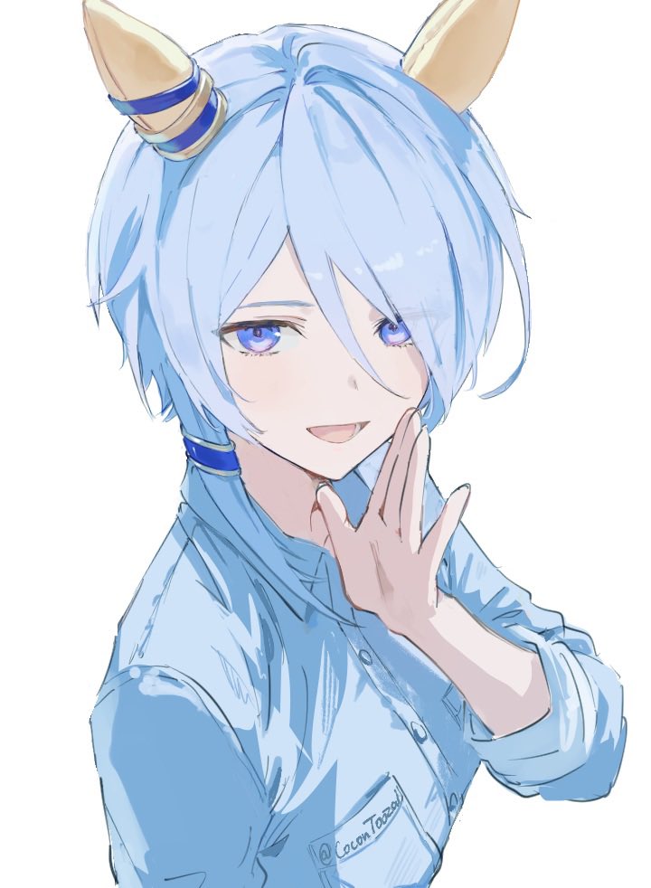 1girl animal_ears blue_eyes blue_hair blue_shirt breast_pocket cocontoozai collared_shirt ear_covers hair_between_eyes hair_over_one_eye hand_to_own_mouth horse_ears horse_girl k.s.miracle_(umamusume) looking_at_viewer open_mouth pocket shirt simple_background solo umamusume upper_body white_background