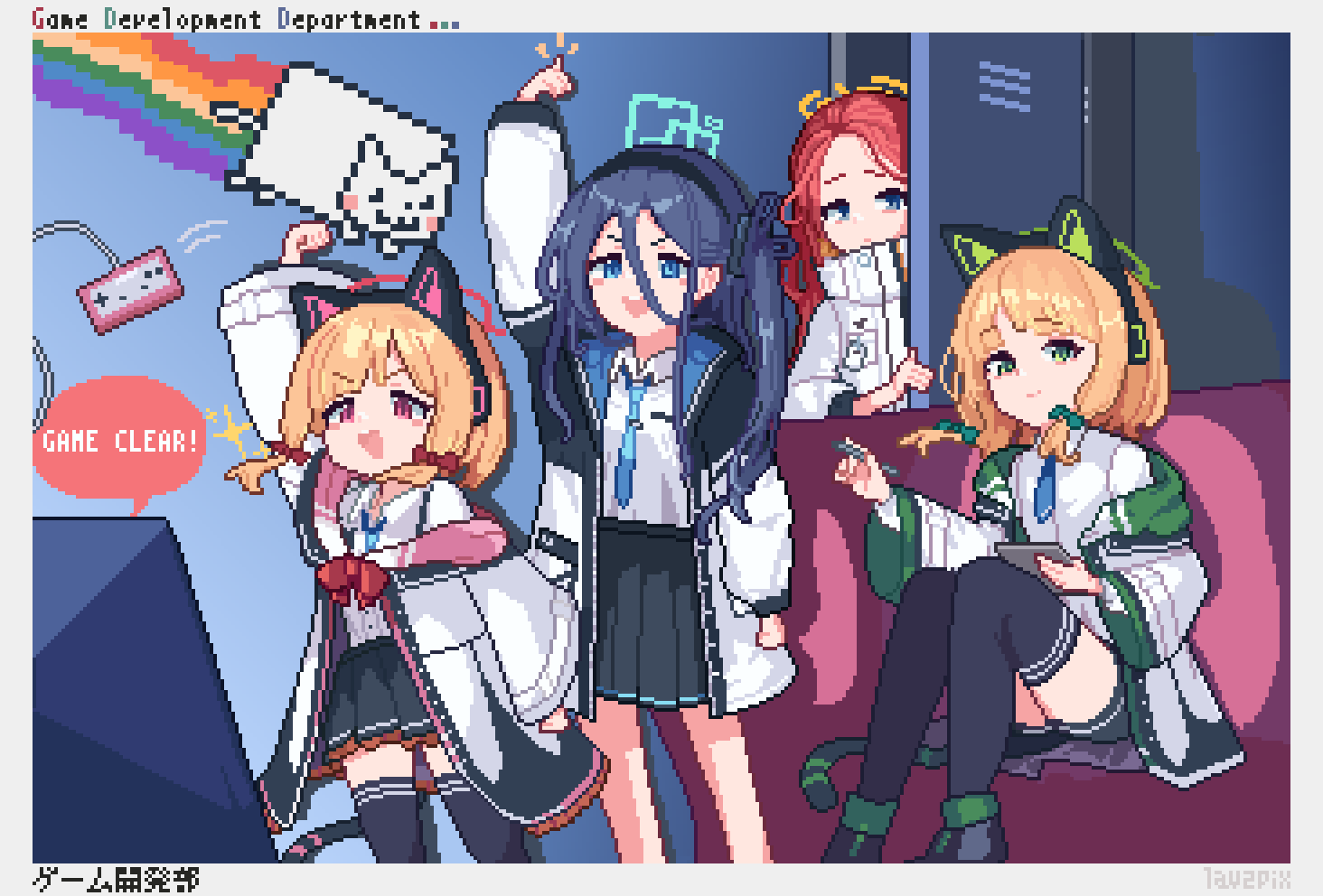 4girls animal_ear_headphones animal_ears aqua_halo aris_(blue_archive) arm_at_side arm_up artist_name black_hairband black_jacket black_shoes black_shorts black_skirt black_tail black_thighhighs blonde_hair blue_archive blue_eyes blue_hair blue_jacket blue_necktie blush border bow buttons cat_ear_headphones cat_ears cat_tail closed_mouth collared_shirt commentary controller couch dress_shirt english_text fake_animal_ears fake_tail forehead frilled_jacket frilled_skirt frills game_controller game_development_department_(blue_archive) green_bow green_eyes green_halo green_jacket hair_between_eyes hair_bow hairband halo hand_up headphones holding holding_stylus holding_tablet_pc in_locker indoors jacket knees_together_feet_apart knees_up lavlav0 layered_sleeves locker long_hair long_hair_between_eyes long_sidelocks long_sleeves looking_at_viewer looking_to_the_side loosely_tucked_bangs low-tied_sidelocks medium_hair midori_(blue_archive) miniskirt momoi_(blue_archive) motion_lines multicolored_jacket multiple_girls necktie notice_lines nyan_cat off_shoulder on_couch one_side_up open_clothes open_jacket open_mouth parted_bangs peeking_out pink_eyes pink_jacket pixel_art pleated_skirt power_symbol raised_fist rectangular_halo red_bow red_hair red_halo school_uniform shirt shirt_tucked_in shoes short_necktie short_shorts shorts sidelocks sitting skirt smile sparkle speech_bubble stylus tablet_pc tail teeth thighhighs throwing thumbs_up tie_clip two-sided_fabric two-sided_jacket unbuttoned unbuttoned_jacket upper_teeth_only v-shaped_eyebrows white_border white_jacket white_shirt wide_sleeves yellow_halo yuzu_(blue_archive)
