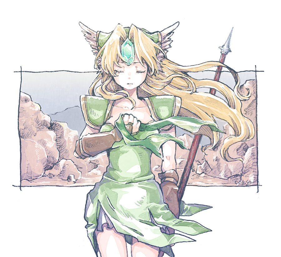1girl armor blonde_hair bridal_gauntlets closed_eyes closed_mouth collarbone cowboy_shot dress facing_viewer floating_hair forehead_jewel gem green_dress green_gemstone helmet holding holding_polearm holding_weapon long_hair michibata_65 miniskirt pauldrons polearm riesz seiken_densetsu seiken_densetsu_3 short_dress shoulder_armor sketch skirt skirt_under_dress sleeveless sleeveless_dress solo standing very_long_hair weapon white_skirt winged_helmet