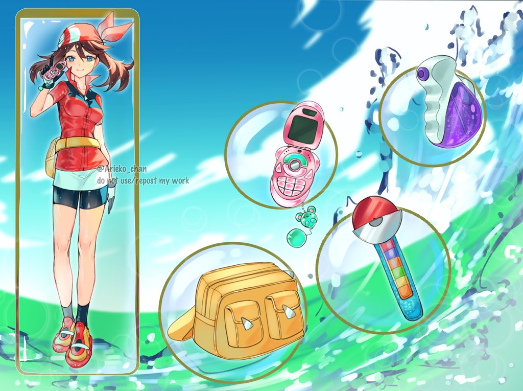 1girl ariekochan azurill bag bandana black_shorts blue_eyes breasts brown_hair english_text game_freak gen_3_pokemon holding holding_phone jacket long_hair looking_at_viewer may_(pokemon) medium_breasts nintendo phone pokemon pokemon_rse potion_(pokemon) red_bandana red_jacket shorts skirt solo white_skirt