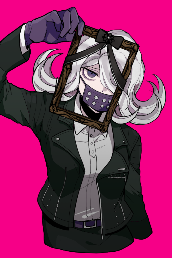 1girl black_bow black_gloves black_jacket black_skirt bow collared_shirt danganronpa_(series) danganronpa_3_(anime) dress_shirt flipped_hair gloves grey_hair grey_shirt hair_over_one_eye holding holding_picture_frame iei jacket kimura_seiko long_hair long_sleeves looking_at_viewer mask mouth_mask open_clothes open_jacket picture_frame pink_background purple_eyes shimada_(dmisx) shirt shirt_tucked_in simple_background skirt solo