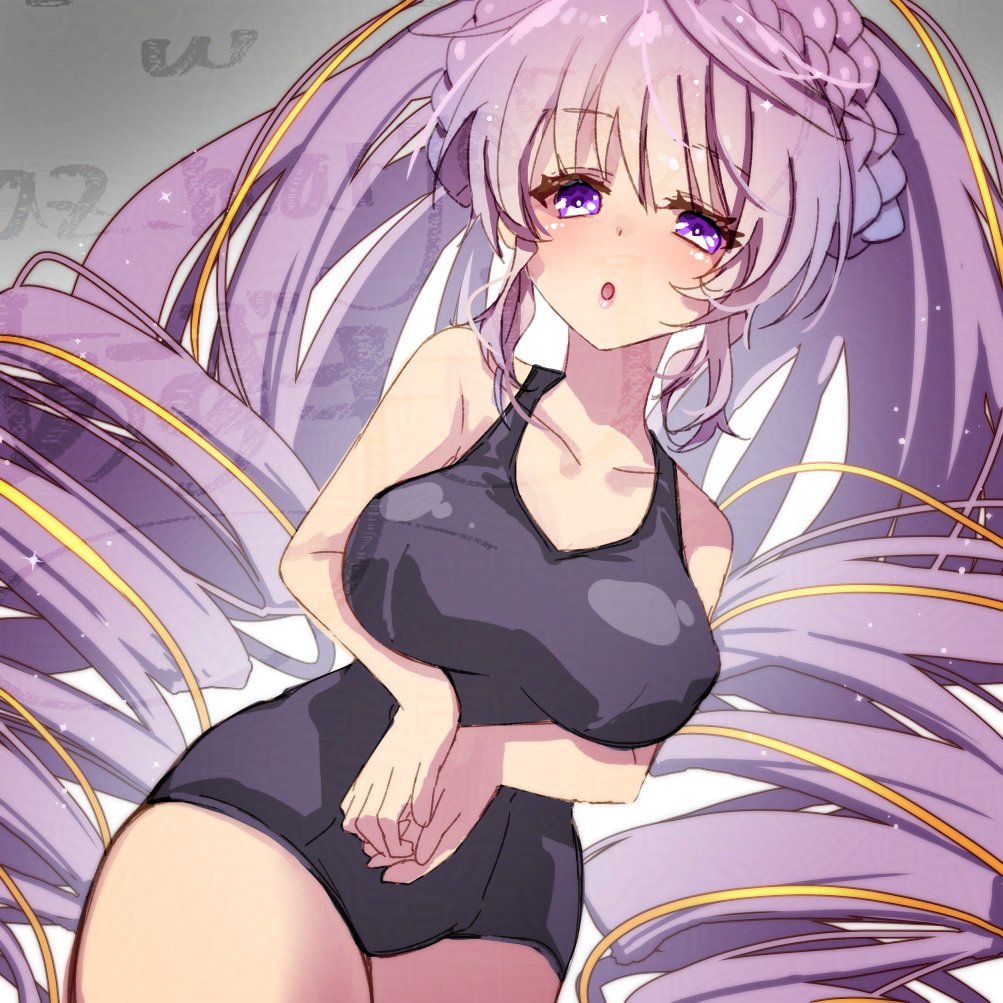 1girl az_(colorb05) braid breasts drill_hair duel_monster medium_breasts multicolored_hair one-piece_swimsuit purple_eyes purple_hair selettrice_vaalmonica solo swimsuit twin_drills yu-gi-oh!