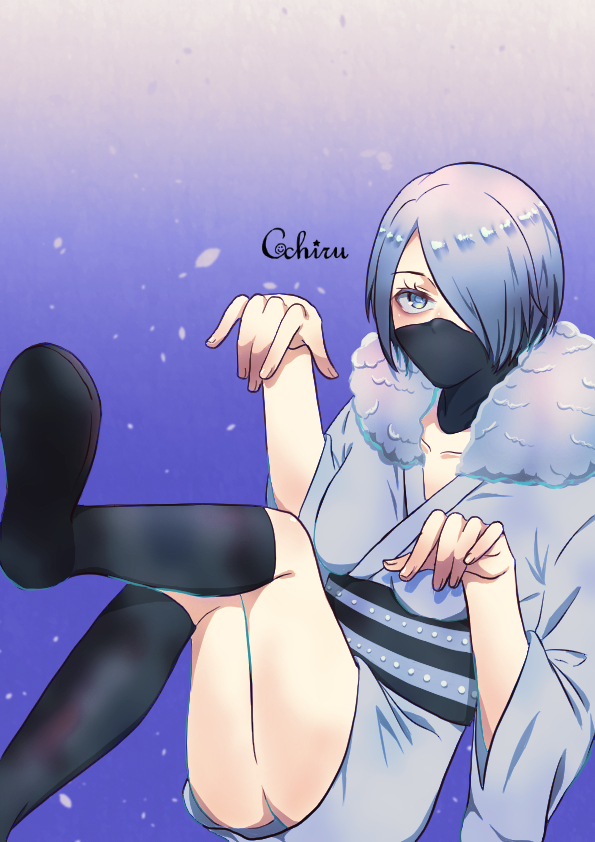 1girl artist_name artist_request asymmetrical_bangs black_footwear black_mask black_sash boku_no_hero_academia boots breasts collarbone expressionless eyelashes feet_up female_focus fingernails fur_collar ghost_pose grey_eyes grey_kimono hair_over_one_eye hands_up invisible_chair japanese_clothes kimono knee_boots legs looking_at_viewer mask matching_hair/eyes medium_breasts medium_hair mouth_mask neck obi outstretched_arms sash shiny_clothes shiny_skin short_kimono sidelocks signature silver_hair sitting standing star_(symbol) star_symbol_background thighs traditional_clothes wide_sleeves yanagi_reiko