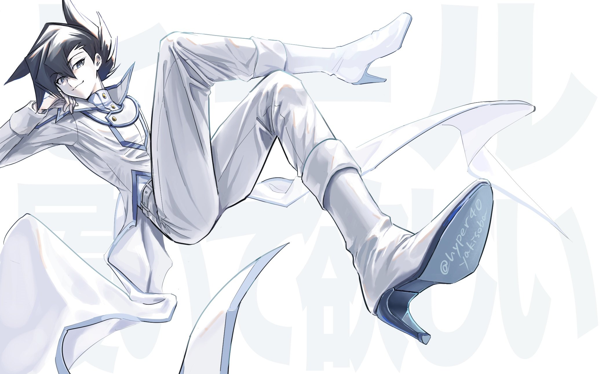 1boy black_hair boots coat crossed_legs duel_academy_uniform_(yu-gi-oh!_gx) high_heel_boots high_heels highres hyper40yakisoba invisible_chair male_focus manjoume_jun medium_hair pants simple_background sitting solo spiked_hair white_background white_boots white_coat white_high_heels white_pants yu-gi-oh! yu-gi-oh!_gx