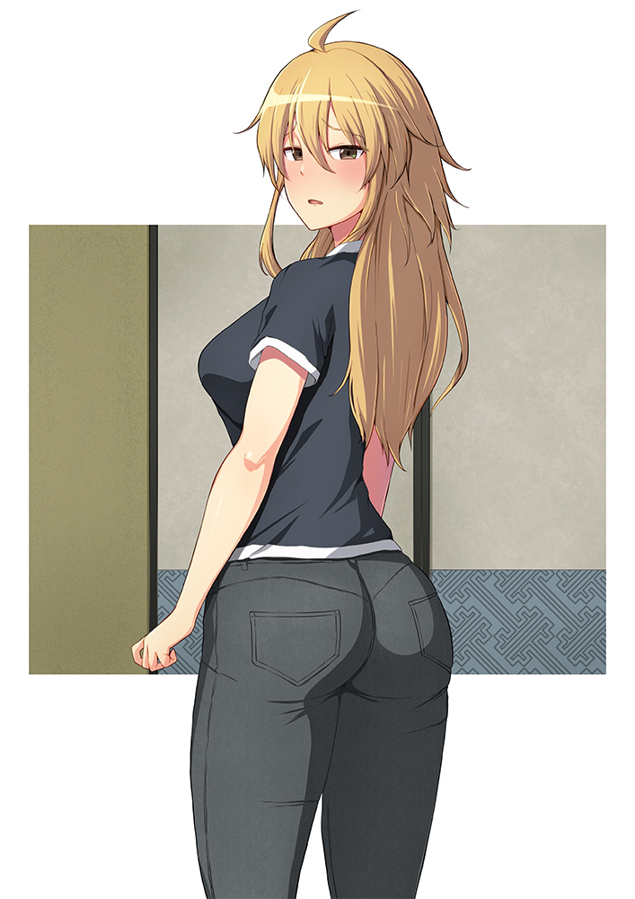 1girl ahoge ass black_pants black_shirt blonde_hair brown_eyes from_behind kagayama_kaede long_hair looking_at_viewer looking_back non_non_biyori ocza pants pocket polo_shirt shirt simple_background solo standing white_background