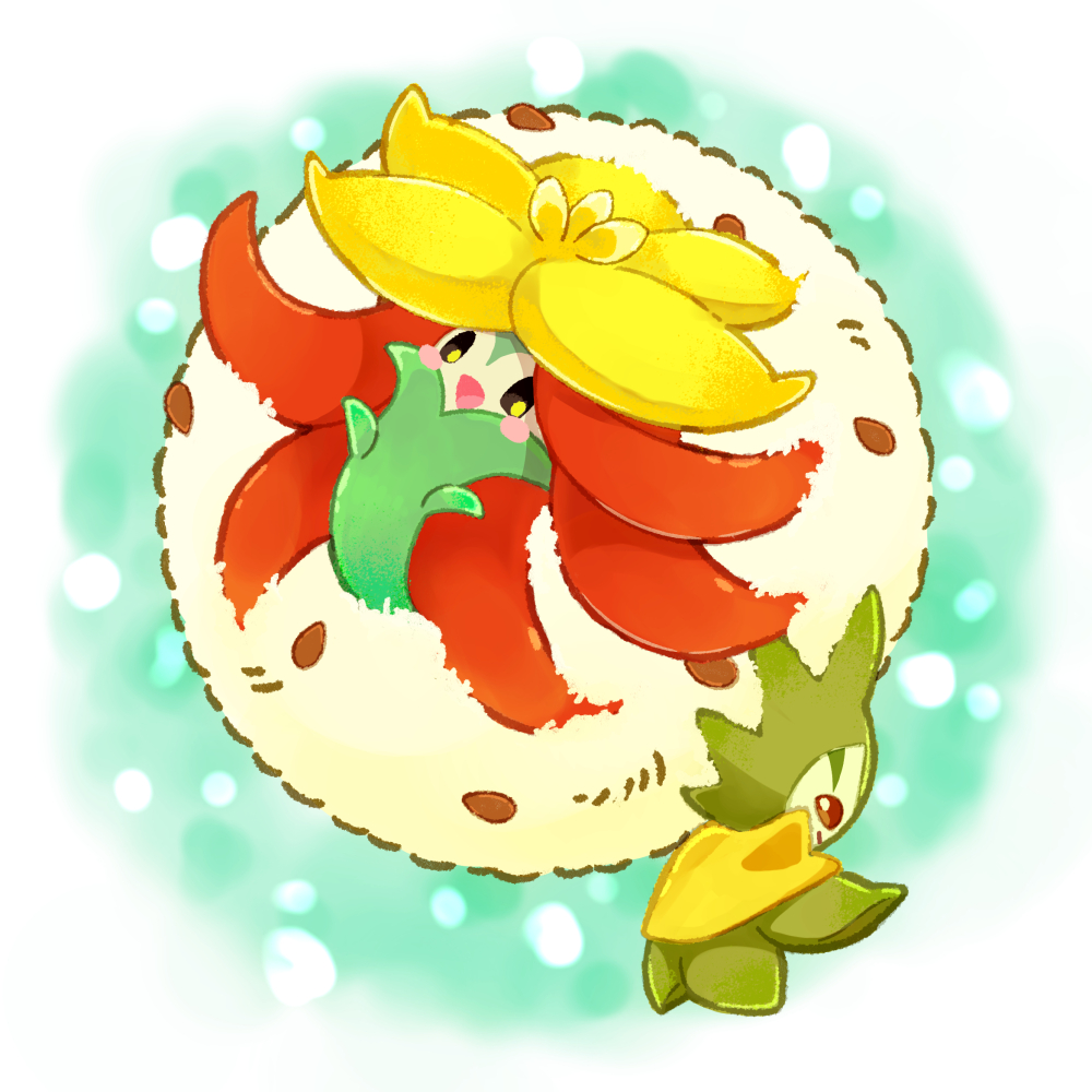 :d blush_stickers brown_eyes closed_mouth commentary_request eldegoss evolutionary_line fluffy gen_8_pokemon gossifleur looking_at_viewer nintendo no_humans open_mouth pokemon pokemon_(creature) putto smile