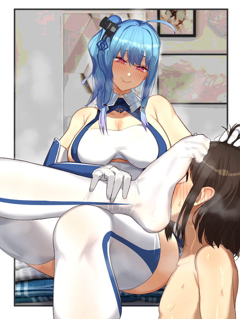1boy 1girl azur_lane bad_tag blue_hair blush breasts cleavage crossed_legs feet foot_focus foot_on_another&#039;s_face grabbing_another&#039;s_hair kikimifukuri long_hair pink_eyes side_ponytail smell smelling smile st._louis_(azur_lane) steam thighhighs