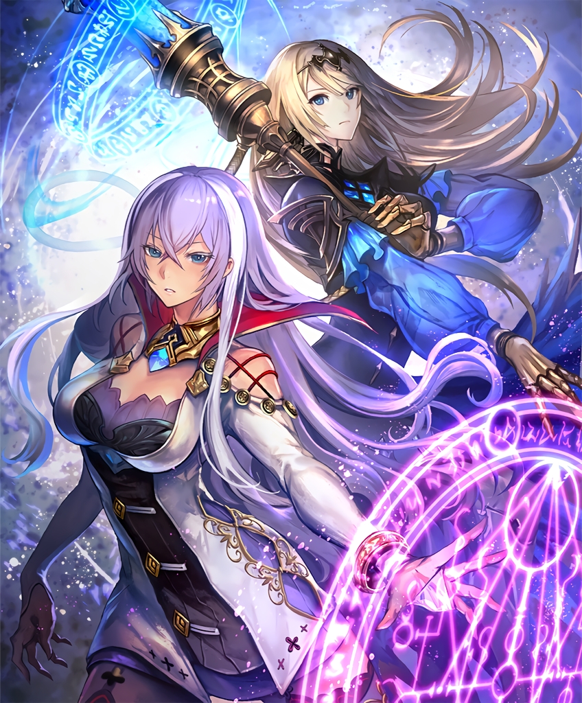 1girl 2girls armor armored_dress blonde_hair blue_eyes blush breasts buttons dress feet_out_of_frame fingernails floating_hair garter_straps gauntlets gem gold holding holding_weapon isabelle_(shadowverse) large_breasts long_hair magic multiple_girls nijihara portal portal_(series) purple_hair serious shadowverse sharp_fingernails spell tetra_sapphire_rebel thighhighs very_long_hair weapon