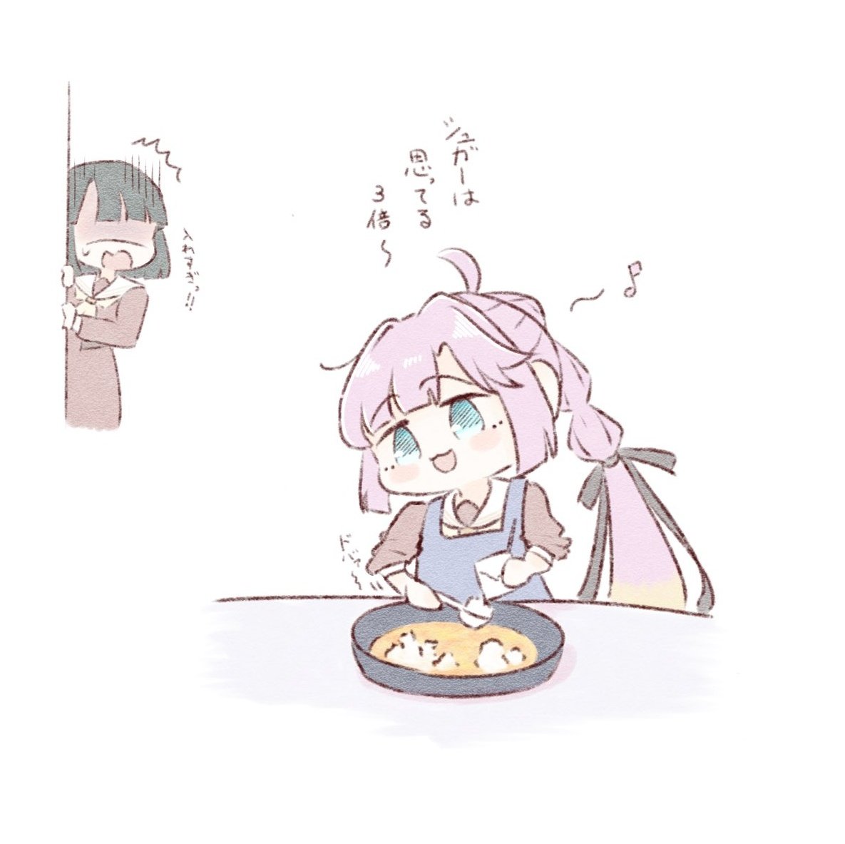2girls :3 :d ^^^ ahoge amano_tatsu anyoji_hime apron black_hair black_ribbon blonde_hair blue_apron blue_eyes blunt_bangs blunt_ends blush_stickers bob_cut commentary_request eighth_note gradient_hair hair_intakes hair_ribbon link!_like!_love_live! long_hair love_live! momose_ginko multi-tied_hair multicolored_hair multiple_girls music musical_note open_mouth peeking_out pink_hair ponytail ribbon short_hair sidelocks singing sleeves_pushed_up smile solo_focus granulated_sugar surprised sweatdrop swept_bangs translation_request turn_pale very_long_hair virtual_youtuber