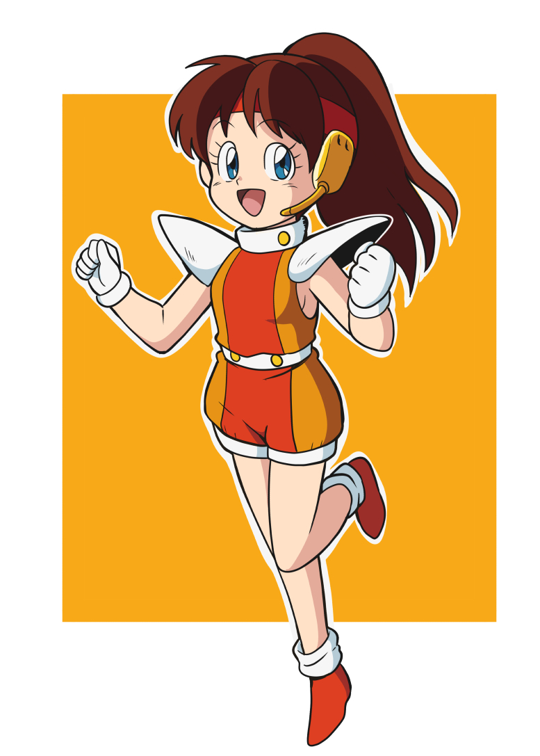 1girl belt blue_eyes blush brown_hair genji_tsuushin_agedama gloves headband headset heike_ibuki long_hair looking_at_viewer open_mouth orange_background ponytail red_footwear red_shirt red_shorts shirt shoes shorts shoulder_pads sleeveless sleeveless_shirt smile standing standing_on_one_leg white_belt white_gloves yume_yoroi