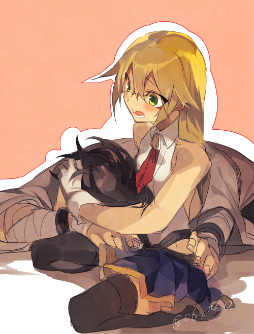 1boy 1girl black_hair blazblue blazblue:_chronophantasma blonde_hair gloves green_eyes hyakuhachi_(over3) kagura_mutsuki long_hair navel noel_vermillion short_hair thighhighs
